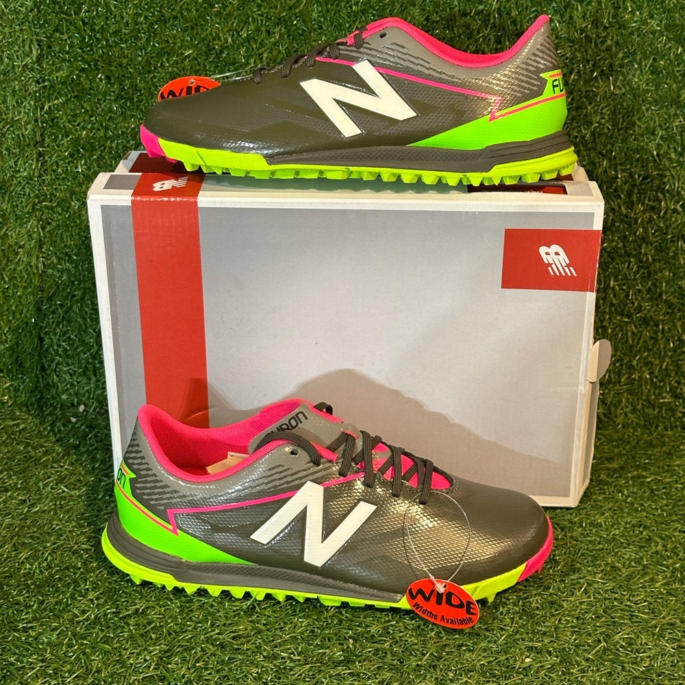 NEW BALANCE FURON TURF SOCCER SHOES WIDE, SIZE 2 KIDS , GREY/PINK/GREEN/WHITE,